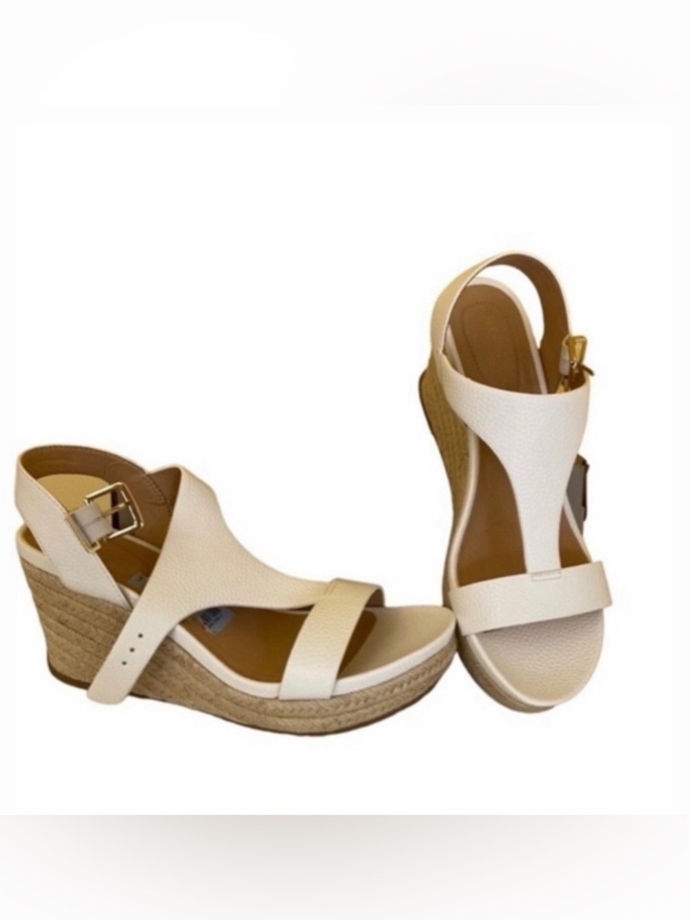 Kenneth Cole Reaction T-Strap Espadrille Wedge Sandals Size 8.5 White Straw